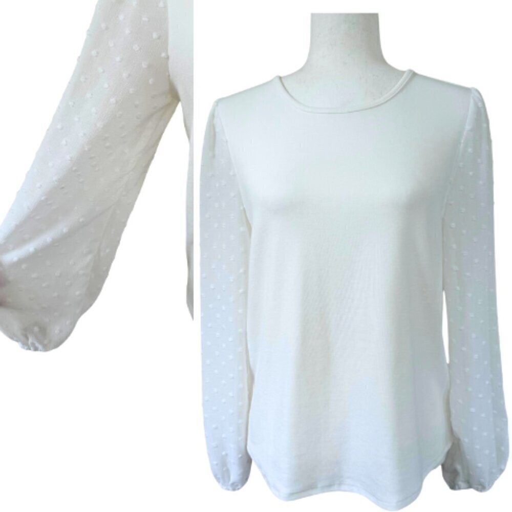 SOJOURN White Sheer Sleeve Swiss Dot Knit Top Size MP - Picture 2 of 11